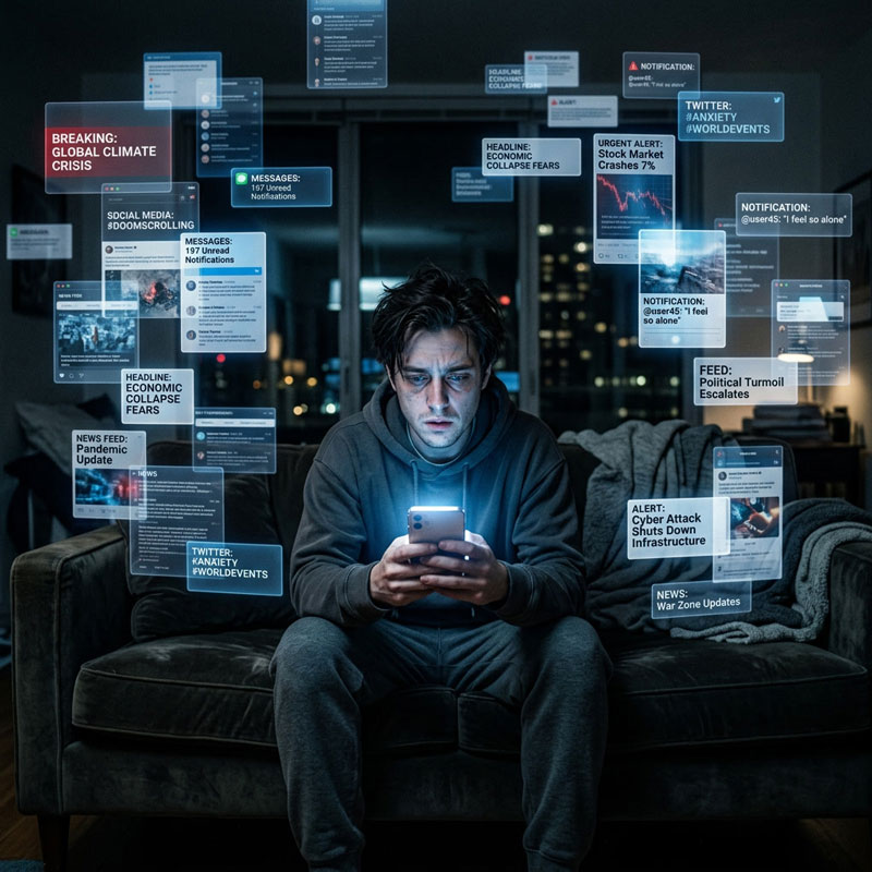 Person feeling anxious and overwhelmed by constant news and social media information overload at night