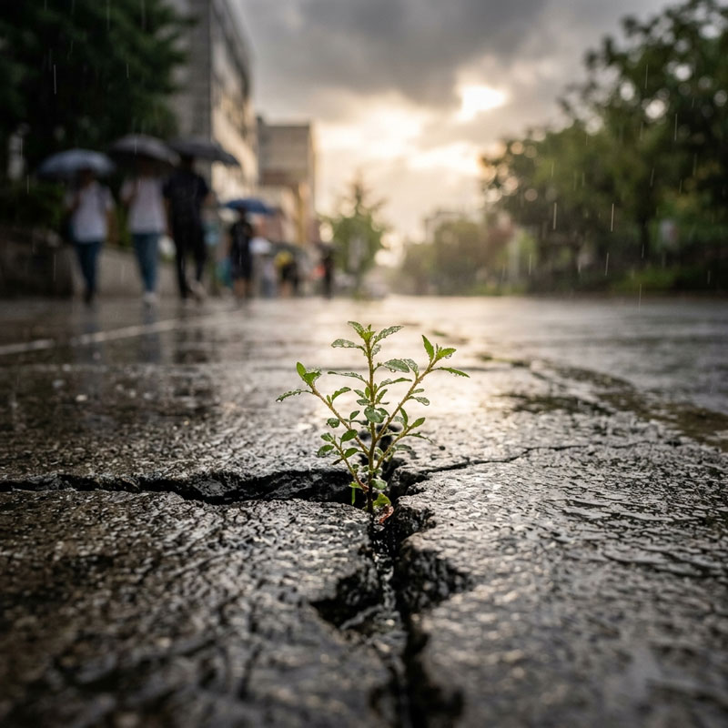 Plant growing through concrete as a symbol of resilience, personal growth, and overcoming adversity